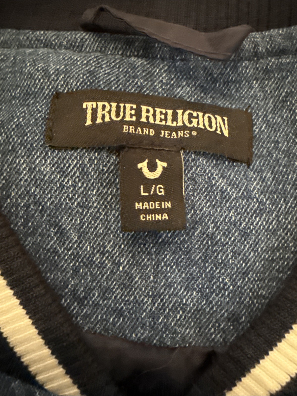 TRUE RELIGION DENIM White VARSITY JACKET Womens Size Large Blue/White