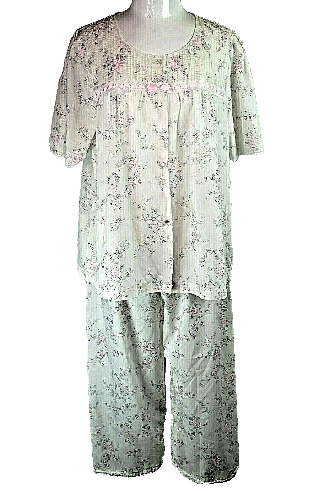 NWOT Vintage Barbizon Cuddleskin Ivory & Pink Floral Pajamas Pajama 2pc Set XL