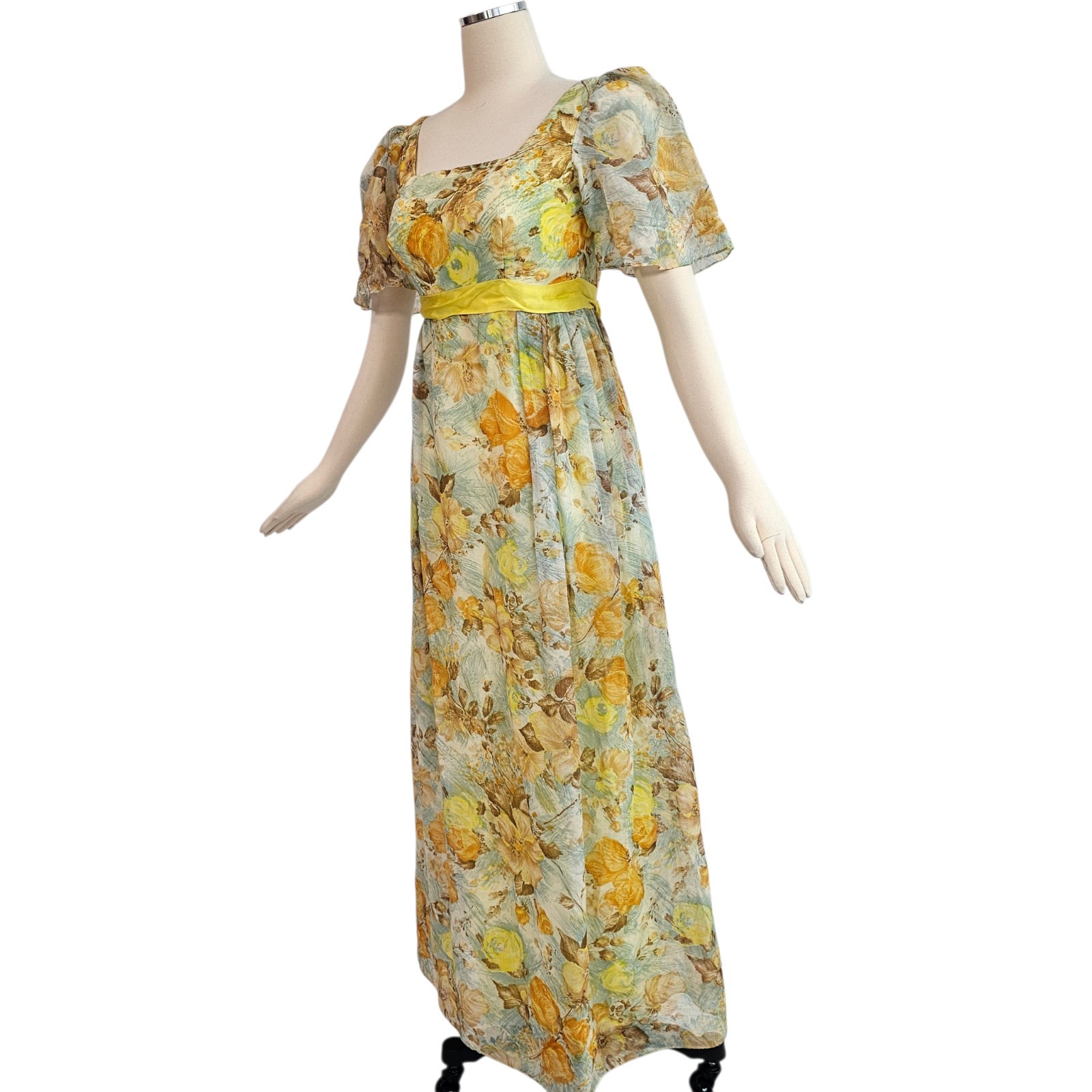 Vintage 1970s Dress Maxi Floor Length Cottage Floral Empire Waist Yellow Brown