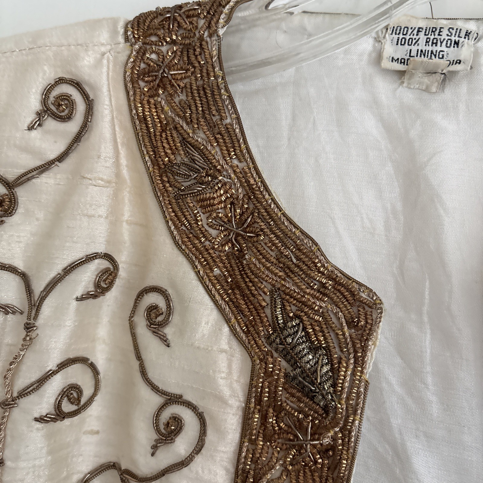 India Formal Beaded Evening Jacket Womens Small Silk Vintage Cream Gold 80s