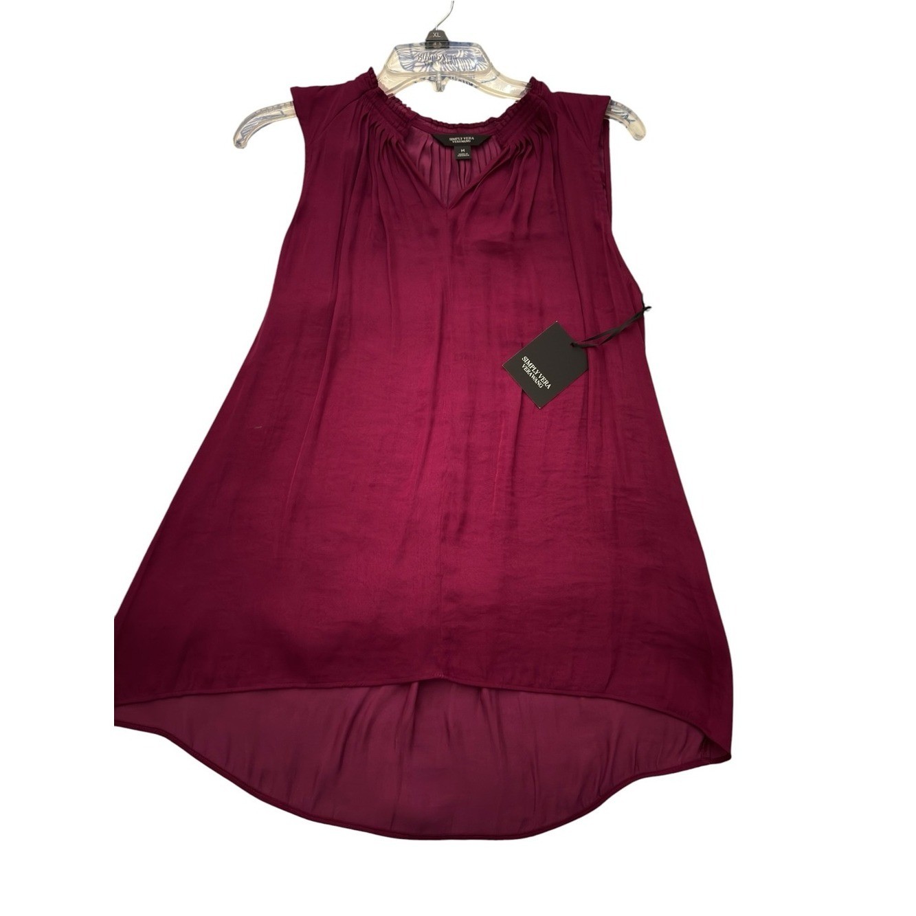 Vera Wang Satin Sleeveless V-Neck High-Low Blouse in Wine