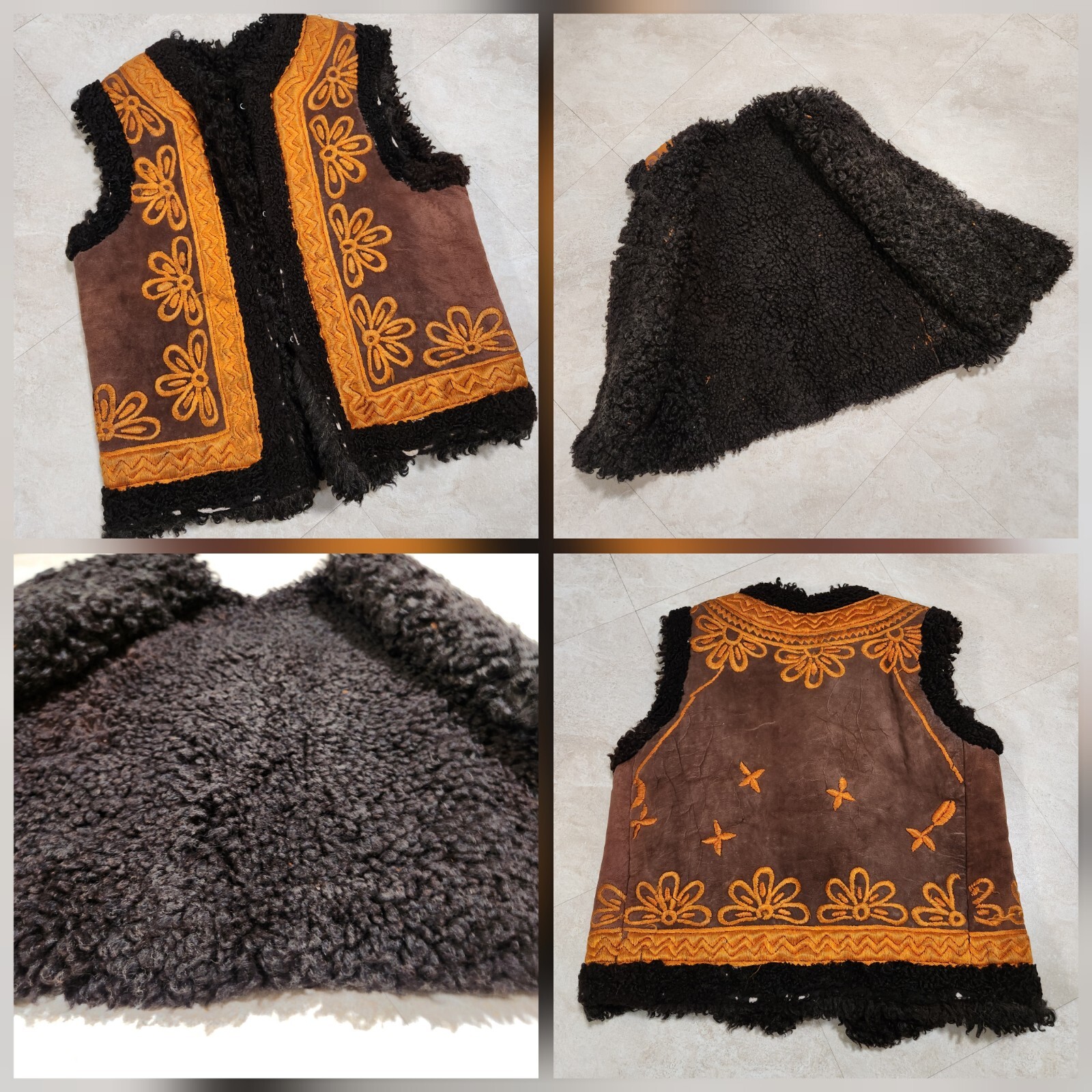 VTG Afghan Vest Womens Waistcoat Brown Lamb Skin Wool Suede Embroidered READ