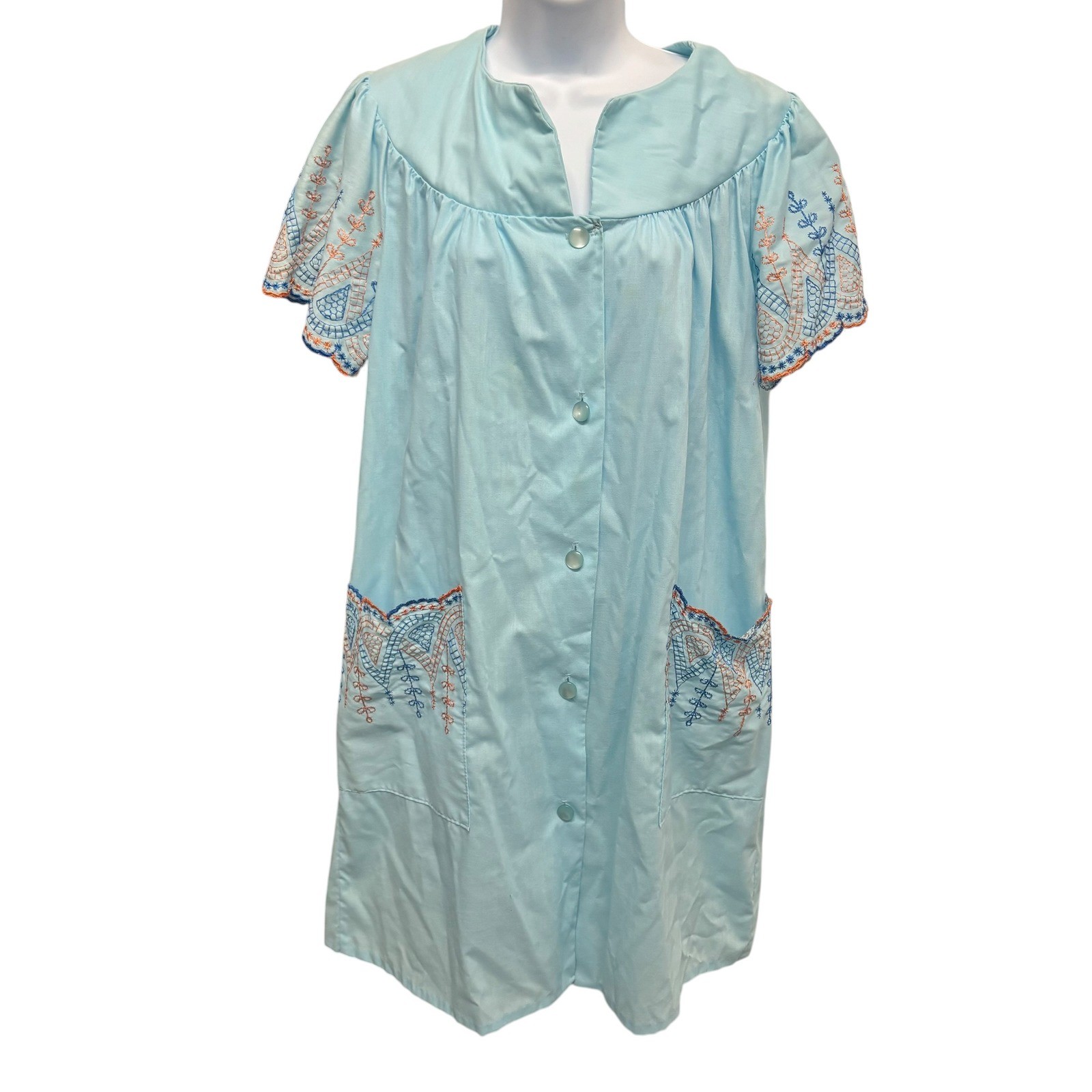Vintage Light Blue Embroidered Button Front House Dress Robe Pockets Retro L