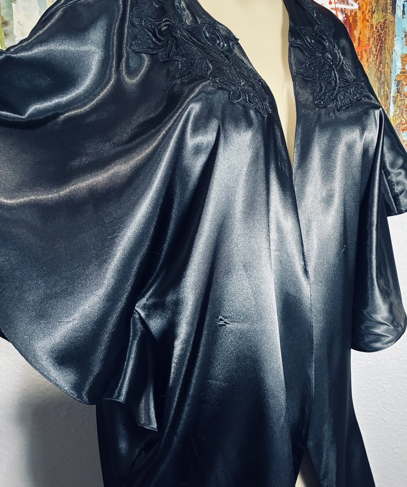 Vintage Black Satin Batwing Cape Jacket Robe M
