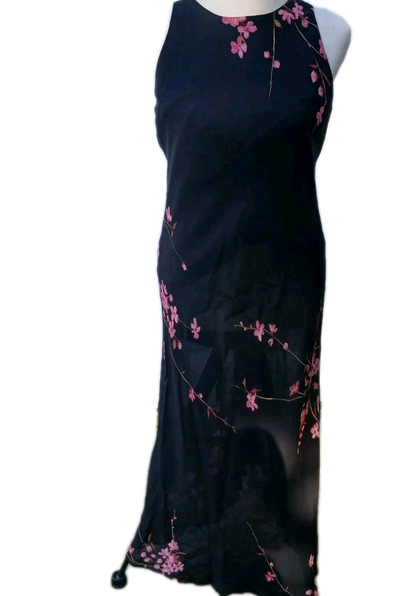 Vintage Y2k 90s Jones Wear Keyhole Back Dress 10 Black Pink Floral Full Length