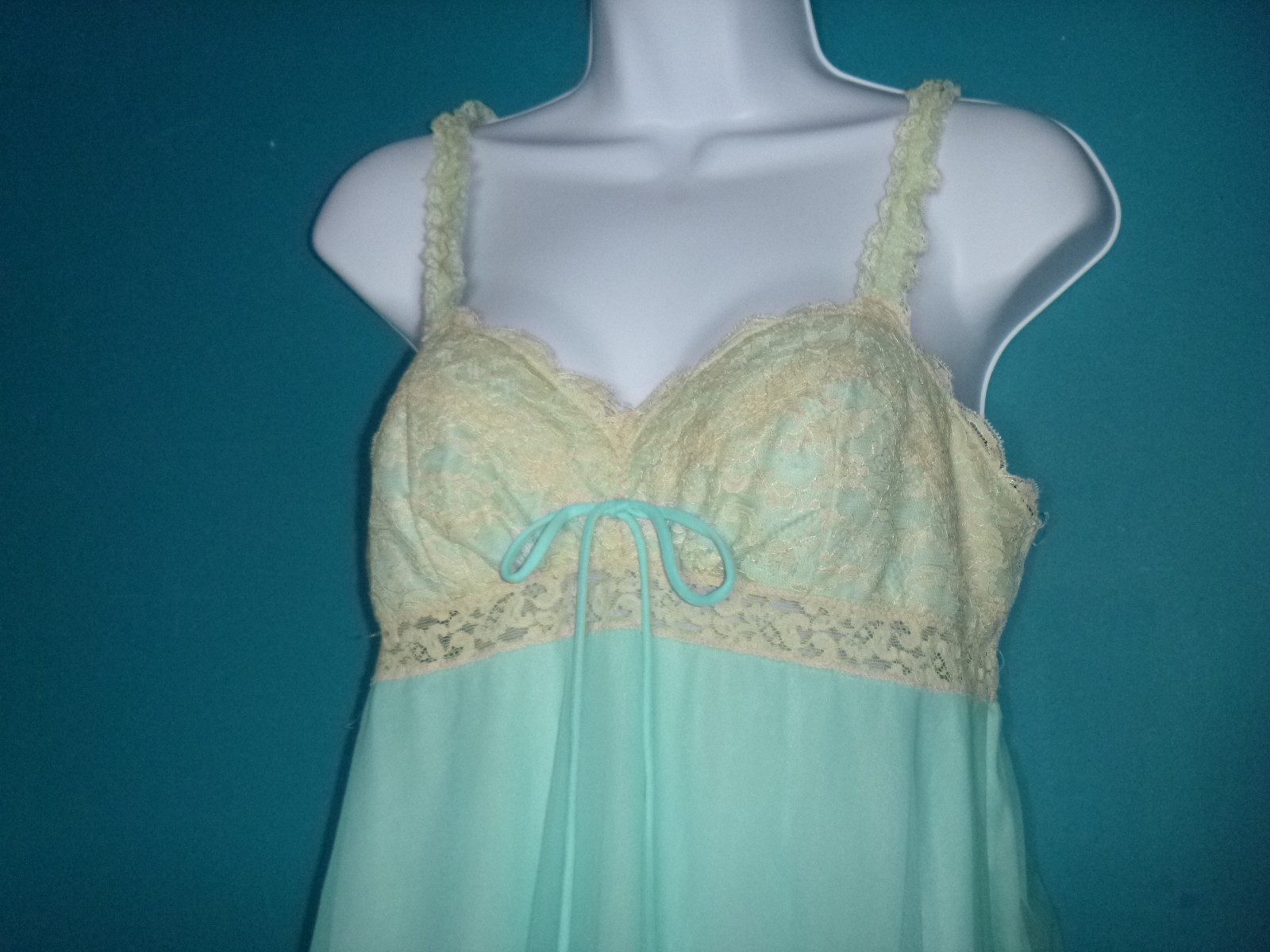 Vtg 60s Olga Sleeping Pretty Nightgown Aqua Double Layer Nylon Chiffon Sz M