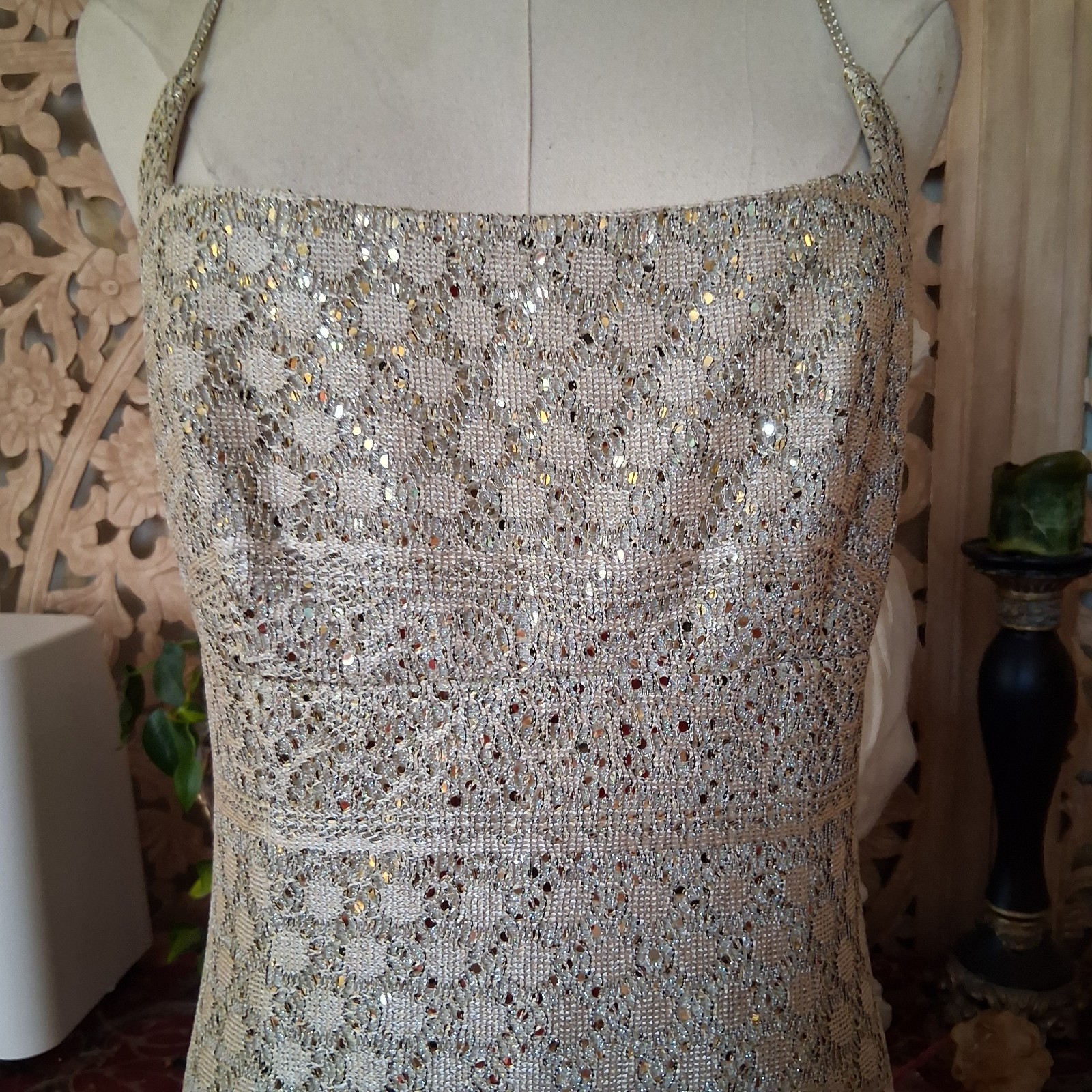 Vintage 1990s Crochet Metallic Sequin Empire Waist Rhinestone Deadstock Dress