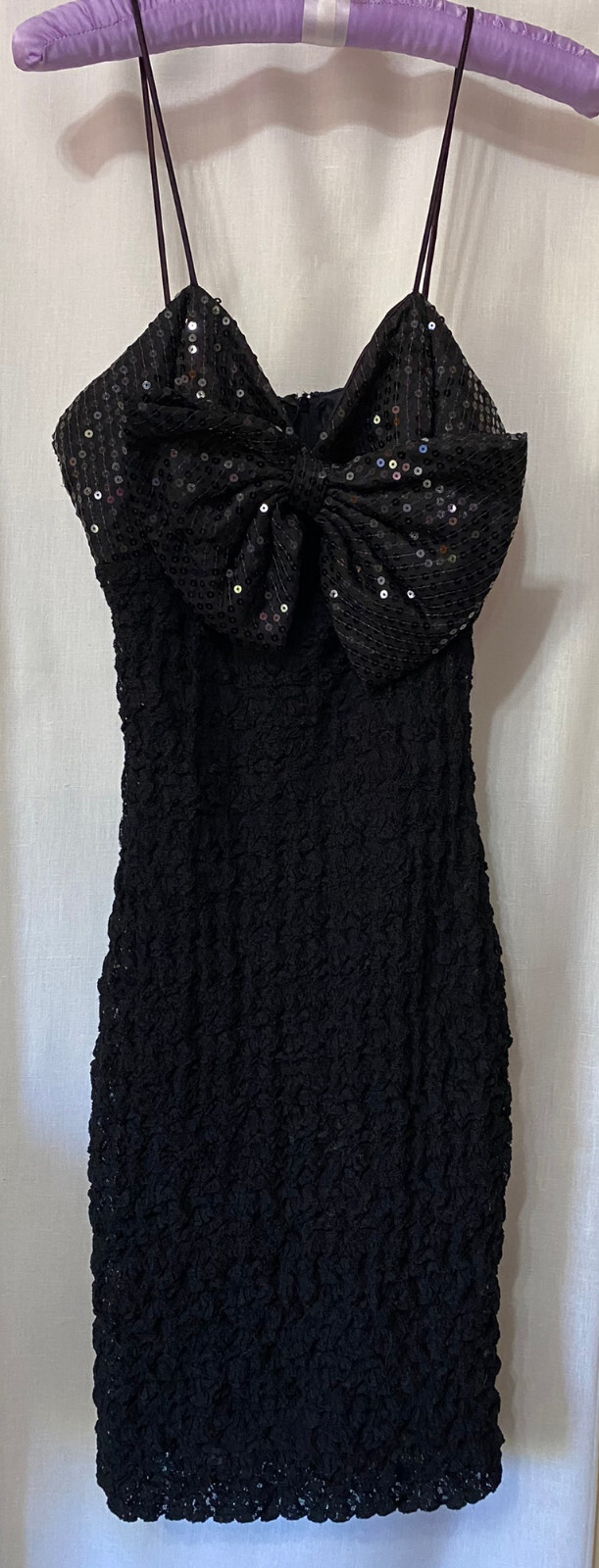 Vintage 80&rsquo;s A LA CARTE Sequin Black Cocktail Dress Front Bow Zips Size 9-10