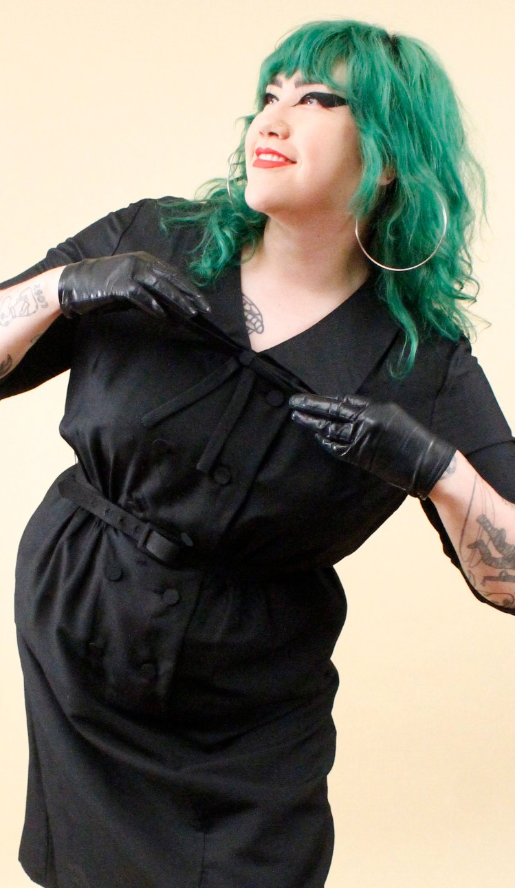 1950s Vtg Black Plus Size Volup Collared Sailor Button Dress Goth Pin Up 1X B48&Prime;
