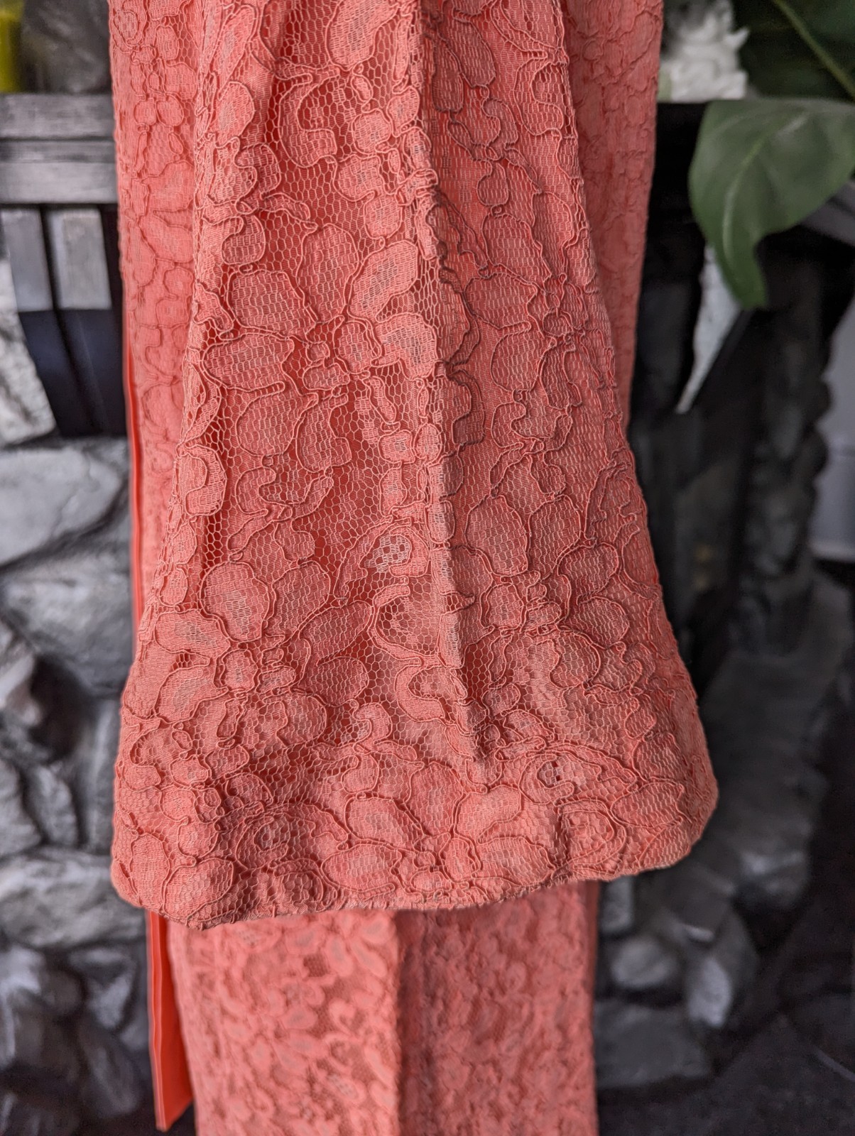 Vtg 60s Coral Peach Lace A-line Dress Bell Sleeves Satin Bow Sz M Party Cocktail