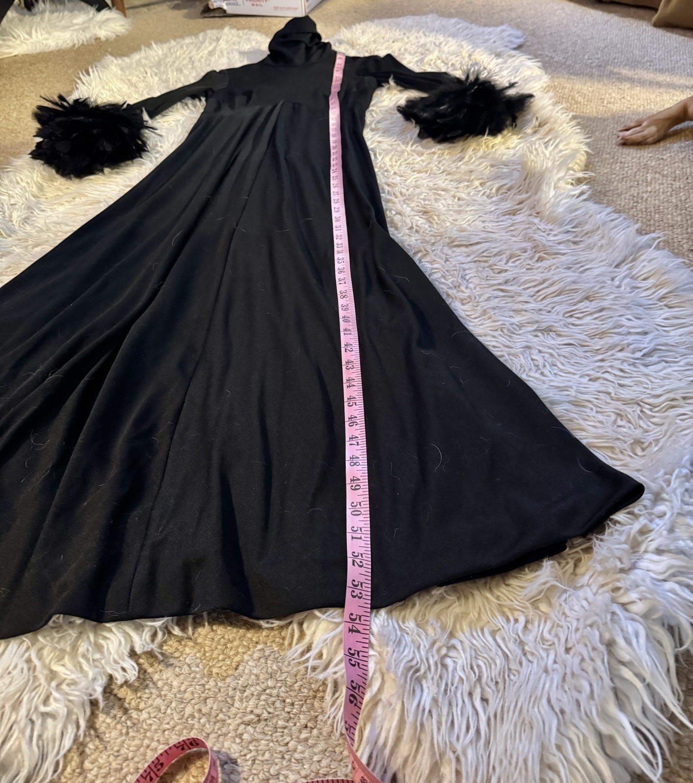 Vtg Joseph Magnin Black Feather Cuff Maxi Dress Goddess Gown Empire 60s 70s S