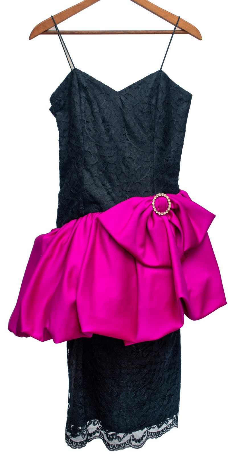 1980s Vintage Dress Black Lace Pink Peplum Cocktail Party Statement Boutique 8