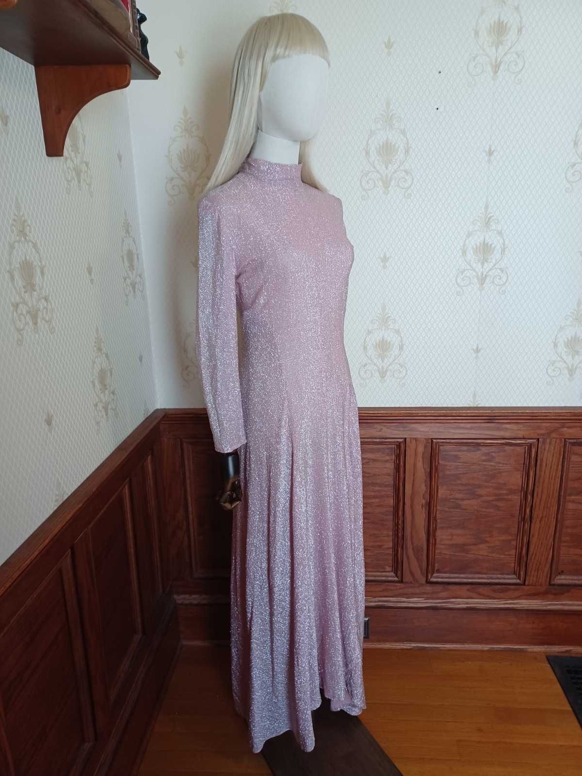 Vintage 1960s/70s Pink Glitter Disco Glam Medieval Revival Hostess Maxi Dress