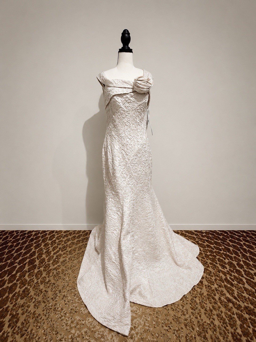 Terani Couture Ivory Off-Shoulder Cap Sleeve Textured Mermaid Train Zipper