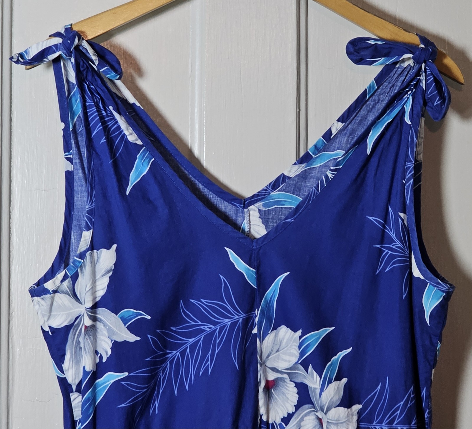 VGT 90s Banana Bay Dress Size M Blue Cotton Tropical Floral Hawaiian Hibiscus