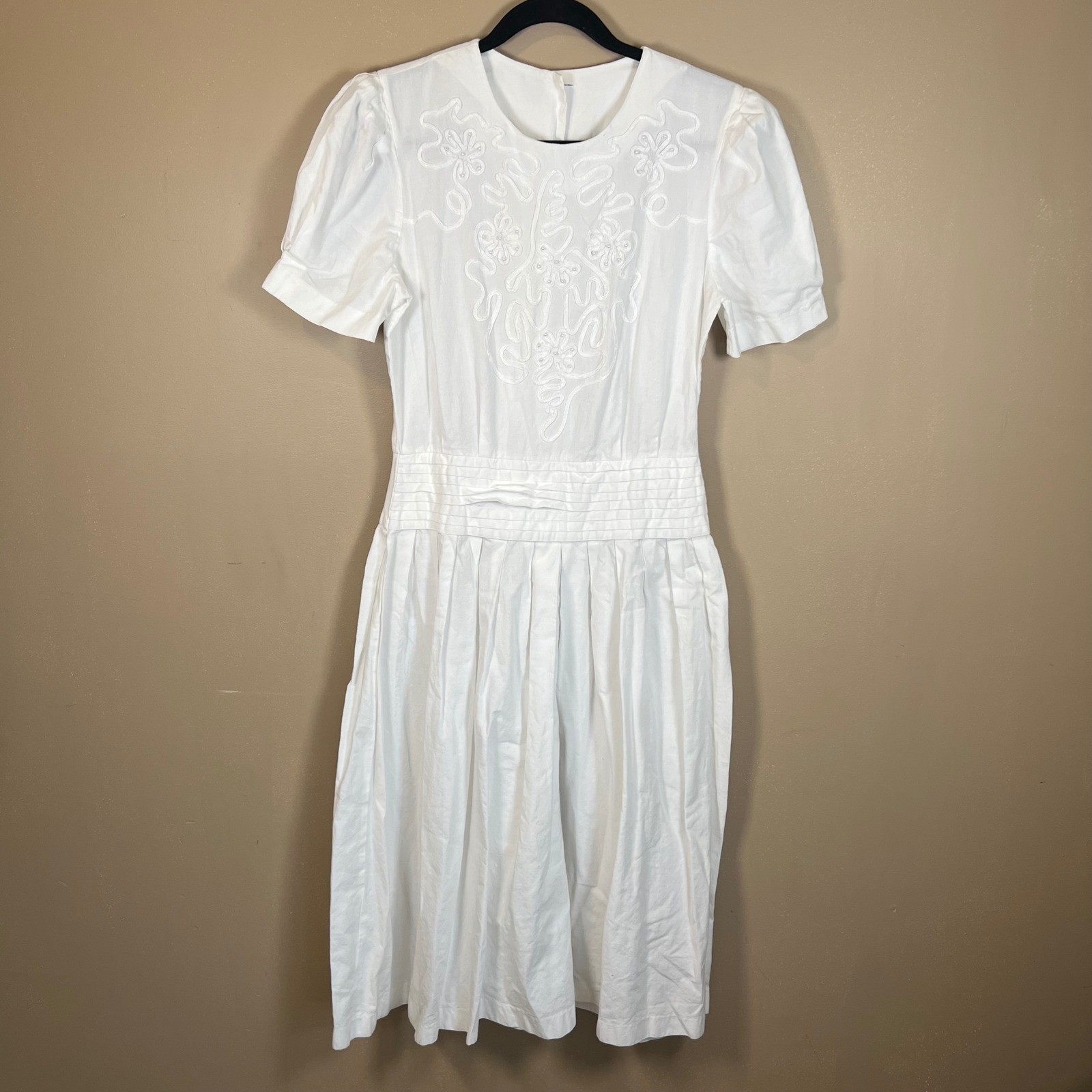 Vintage White Cotton Embroidered Midi Dress Puffed Sleeve Beaded Drop Waist