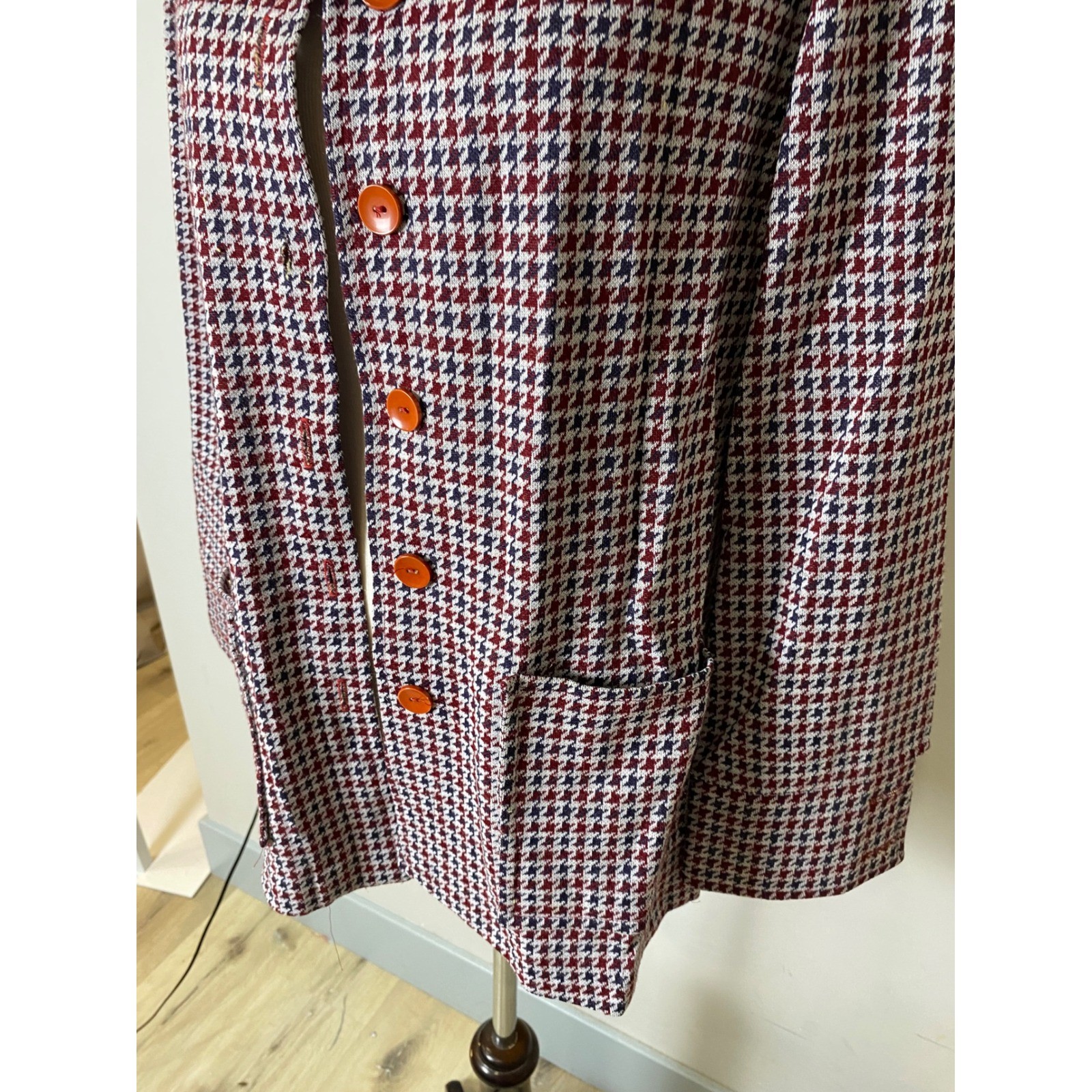Vintage Tiger 1970s Houndstooth Knit Jacket Red White Blue Button Up Blazer
