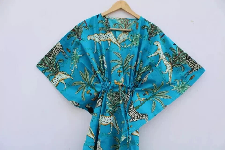 Tiger Print Caftan Maxi Gown Robe, Bikini Cover Up, Women Dressing Gown