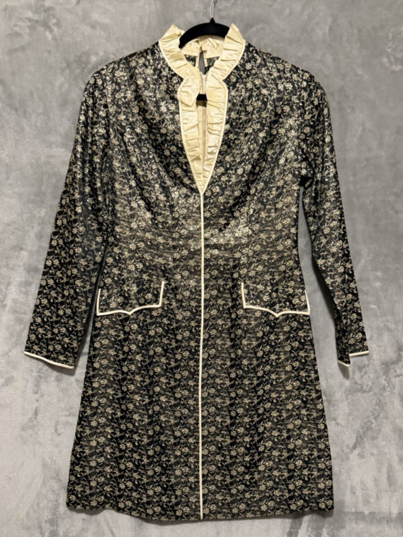 Alice Koza VTG XS Black Gold Floral Brocade Ruffle Mini Dress Cocktail