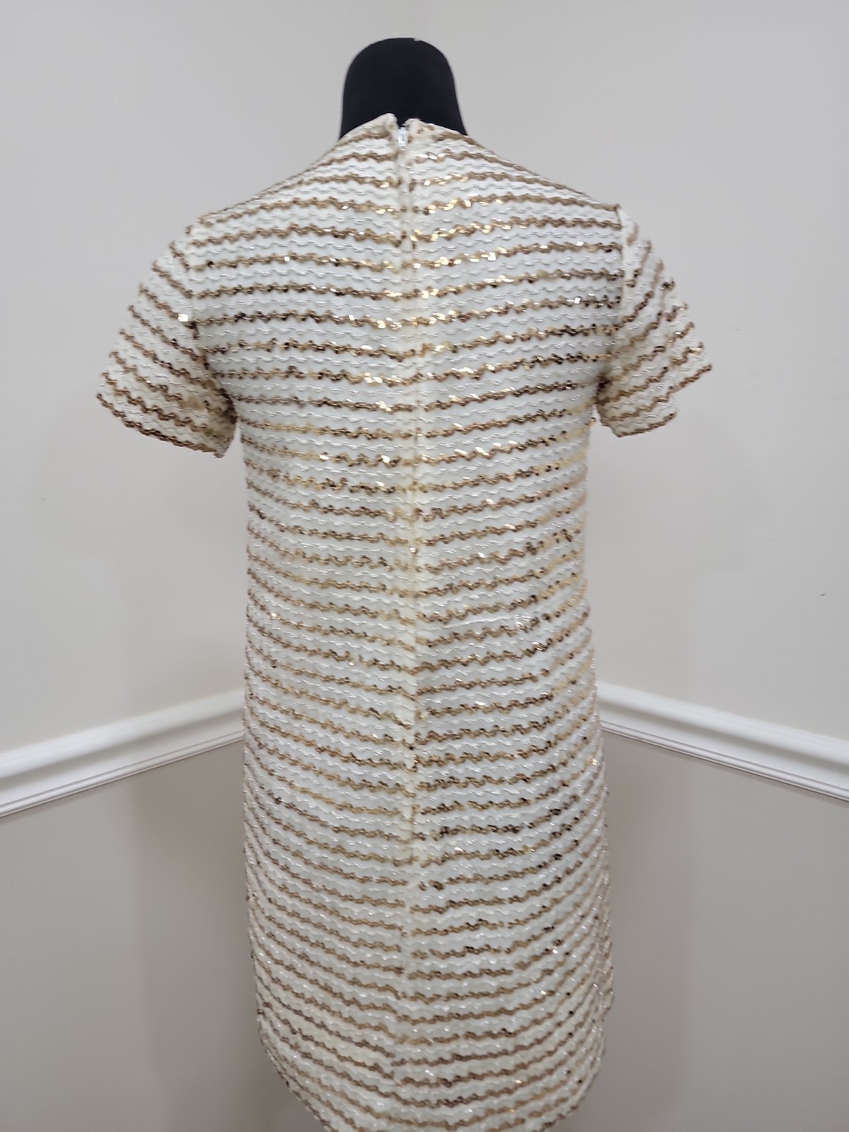 VTG Jr Theme Ivory Gold Sequin Shift Dress Mod Cocktail Party Mini Sz