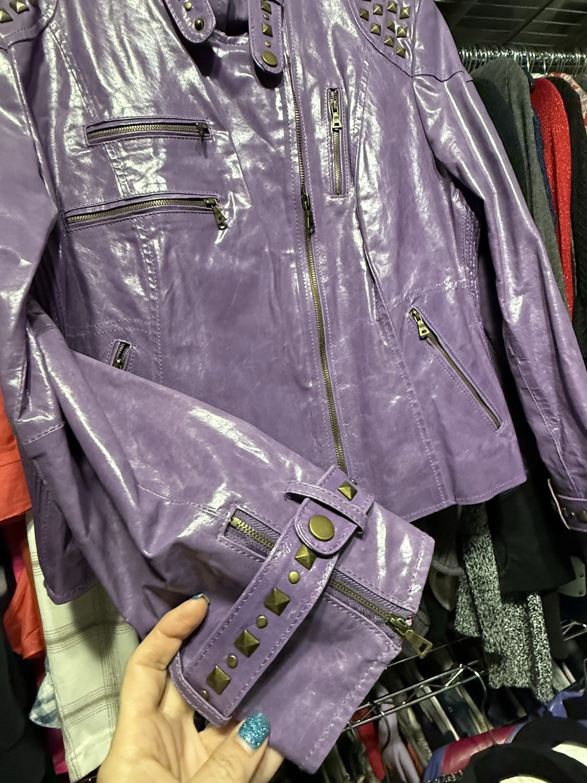 Unique Purple leather moto zipper studded jacket Pamela McCoy
