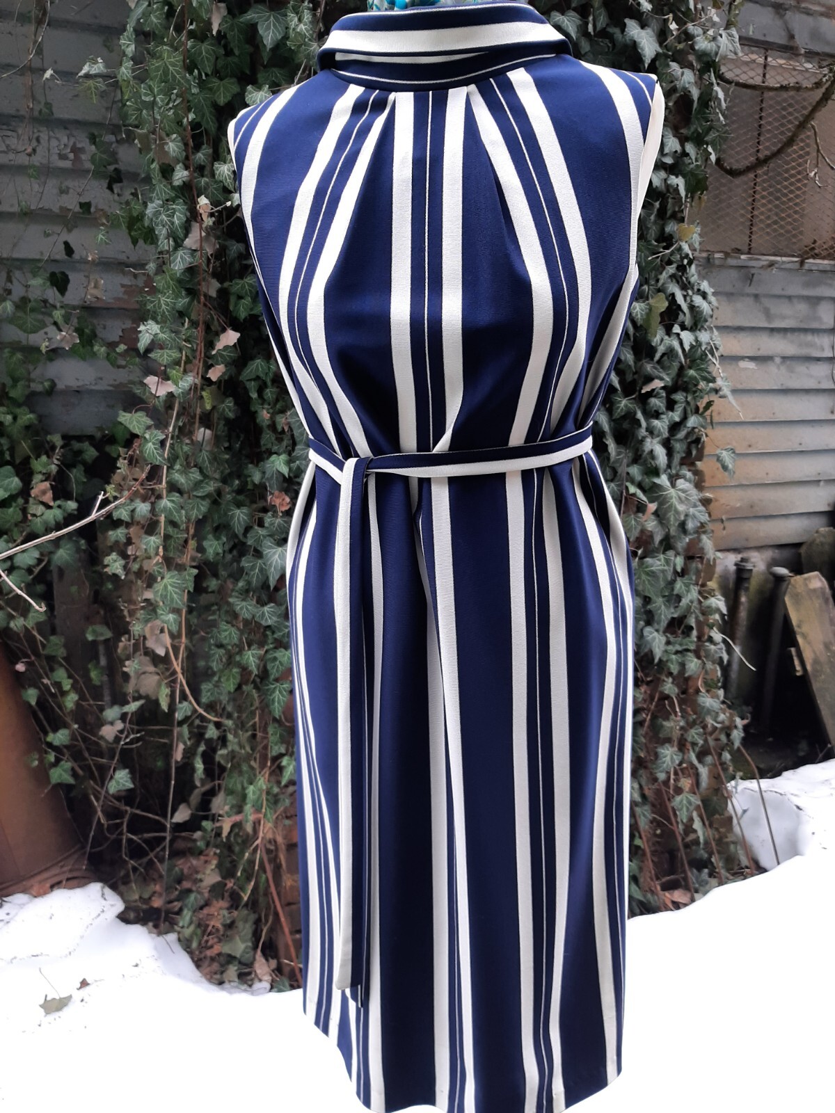 60s 70s L&rsquo; Aiglon Navy White Striped Summer Sleeveless Classic Retro Dress Sz 1