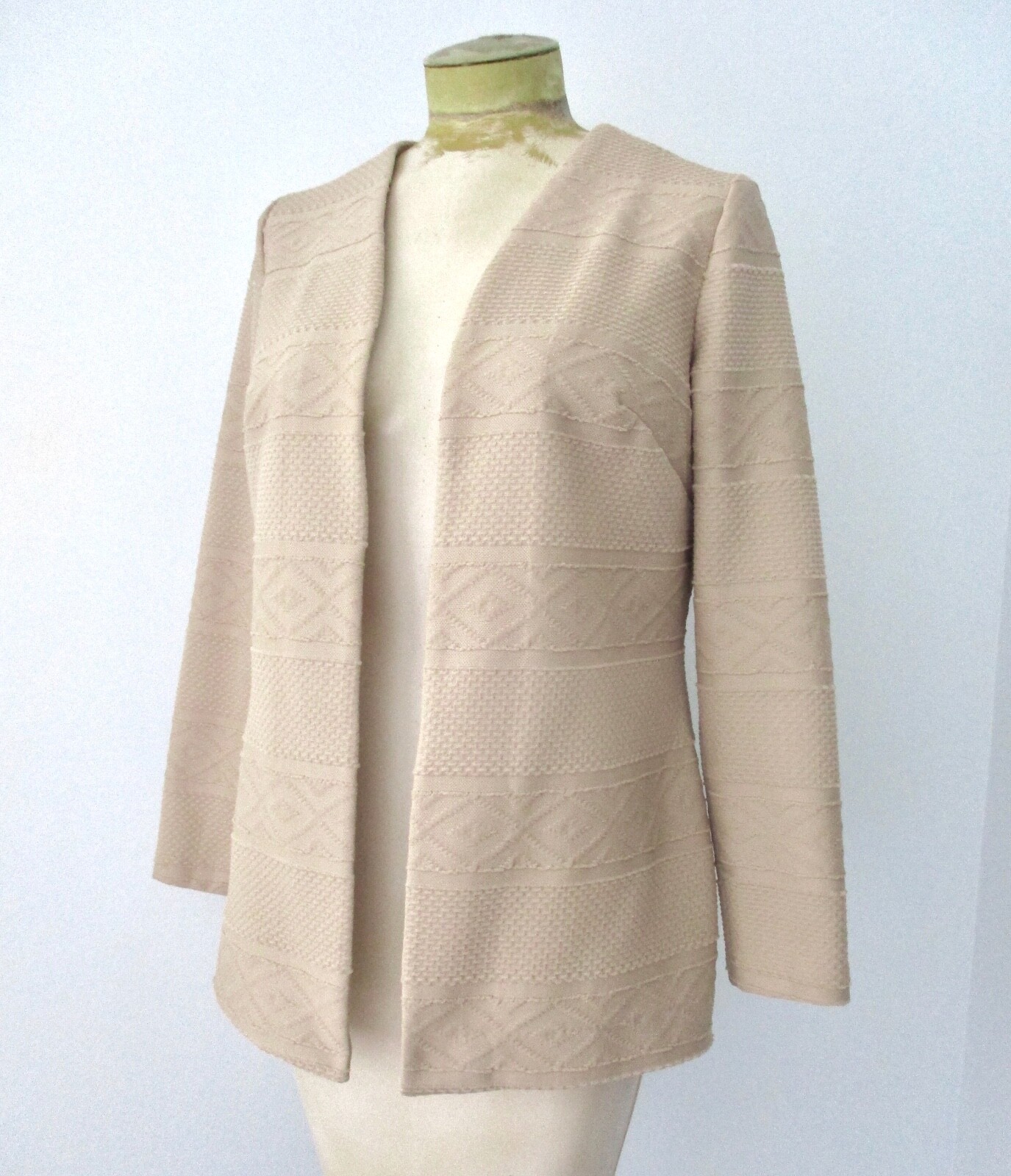 Vtg 60s 70s Mod Beige Poly Knit 2-Pc Drop Waist Dress Jacket Secretary Suit 12
