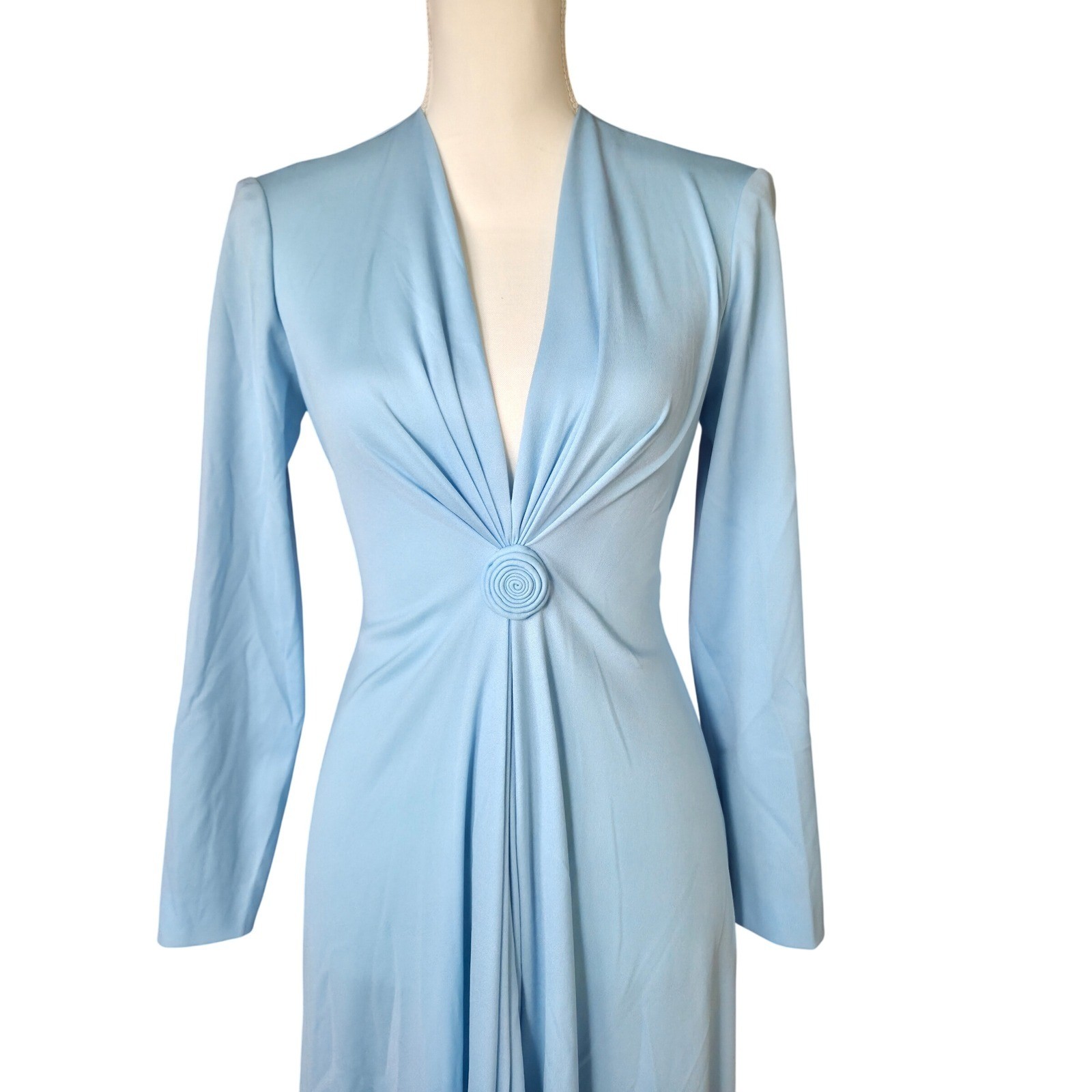 VTG 70s Felix Arbeo B Altman Blue Twist Maxi Dress Disco Goddess Gown Plunge