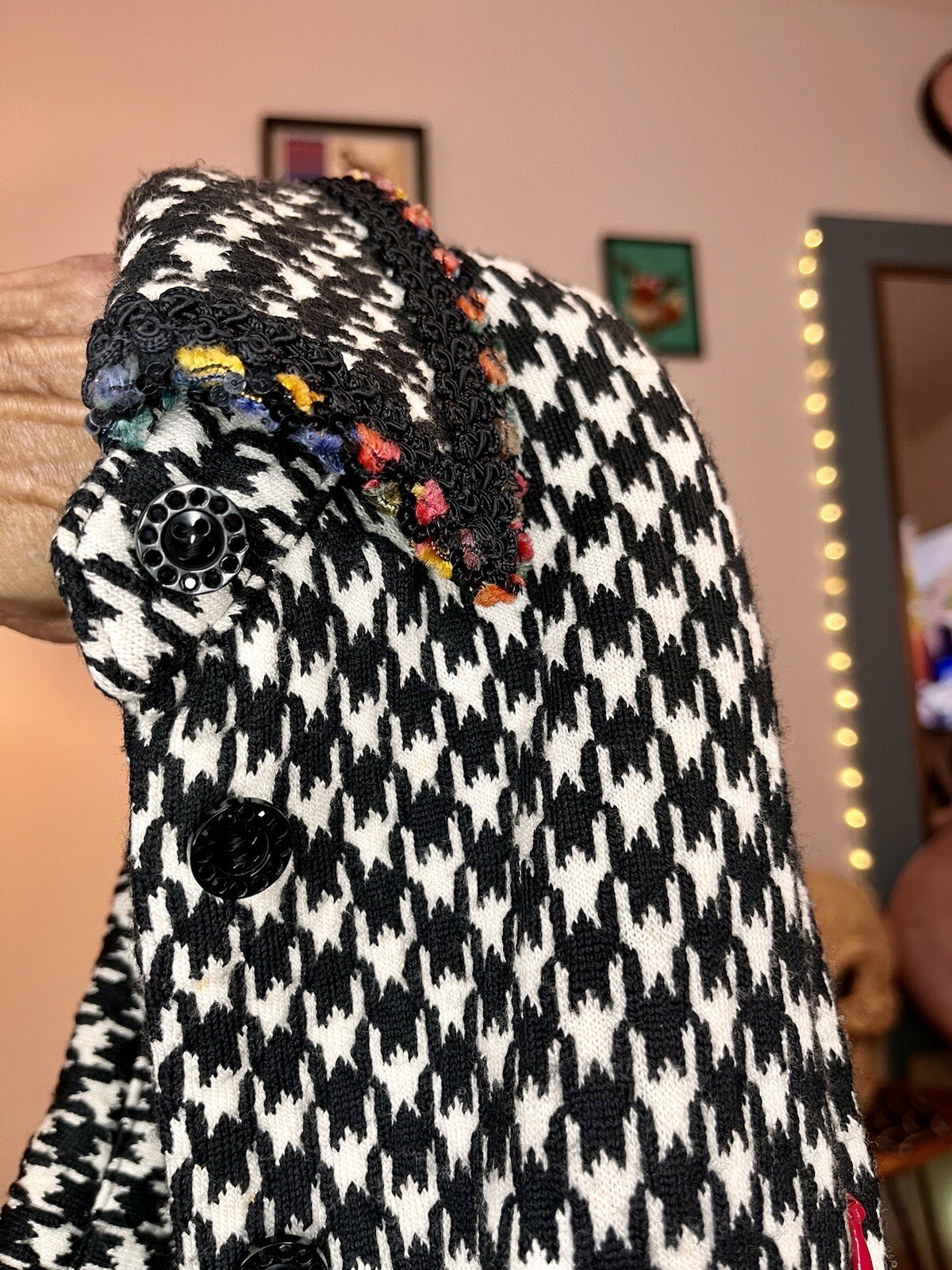 Vintage 80’s Houndstooth Fitted Blazer Rainbow Trim Bell Sleeves Stretch