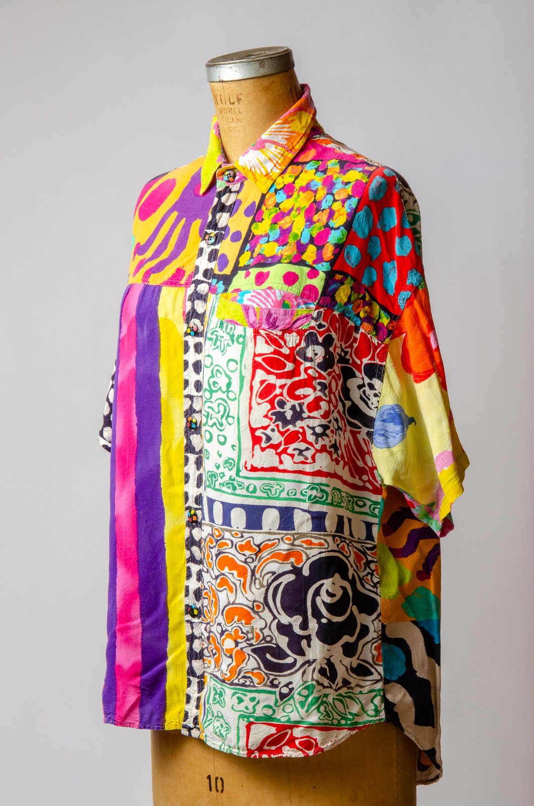 1980s Jams World Crazy Patchwork Paint Brush Strokes Rayon Button Down Shirt