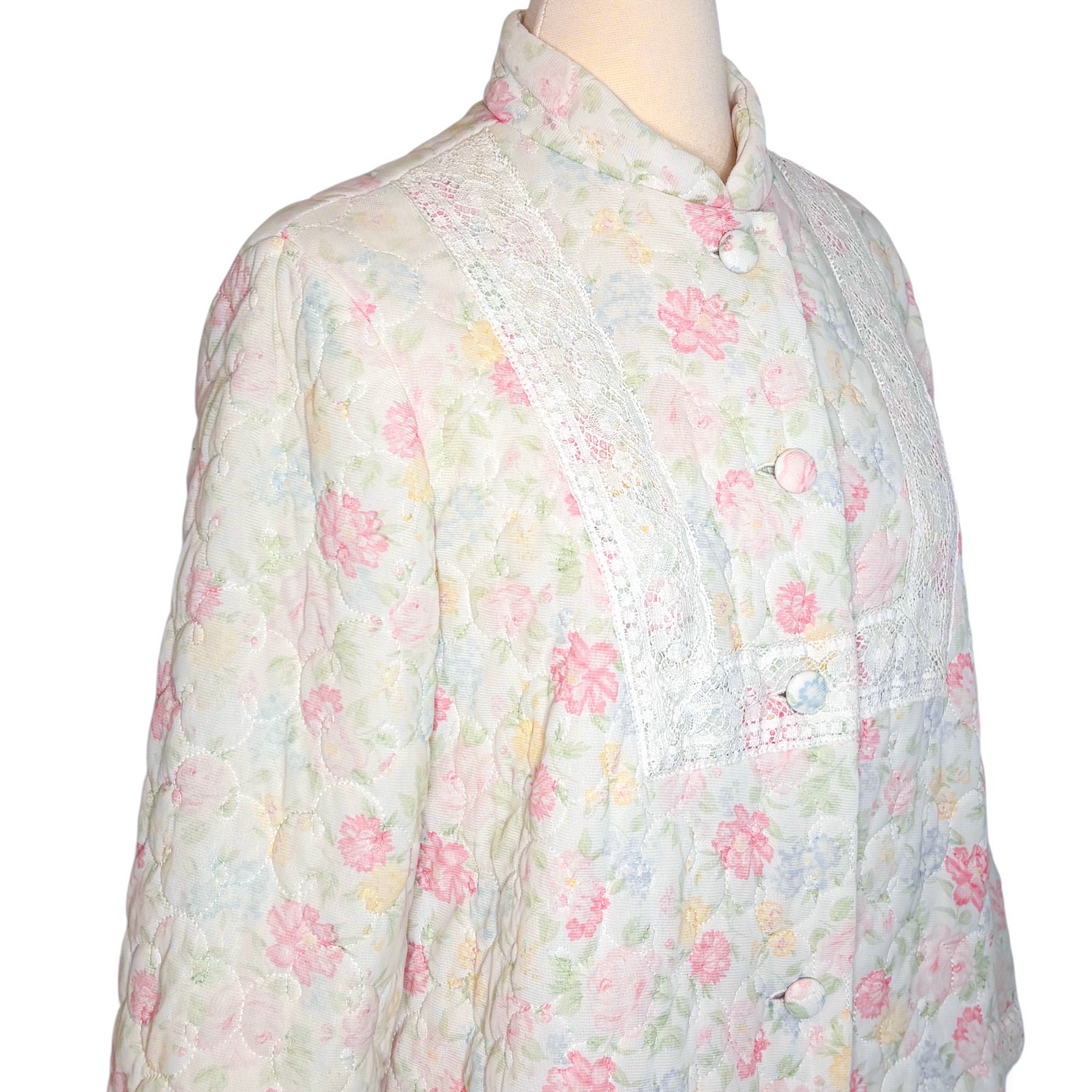Vintage Sears At Home Wear Quilted Floral Button Front Ivory Pink Robe Housecoat