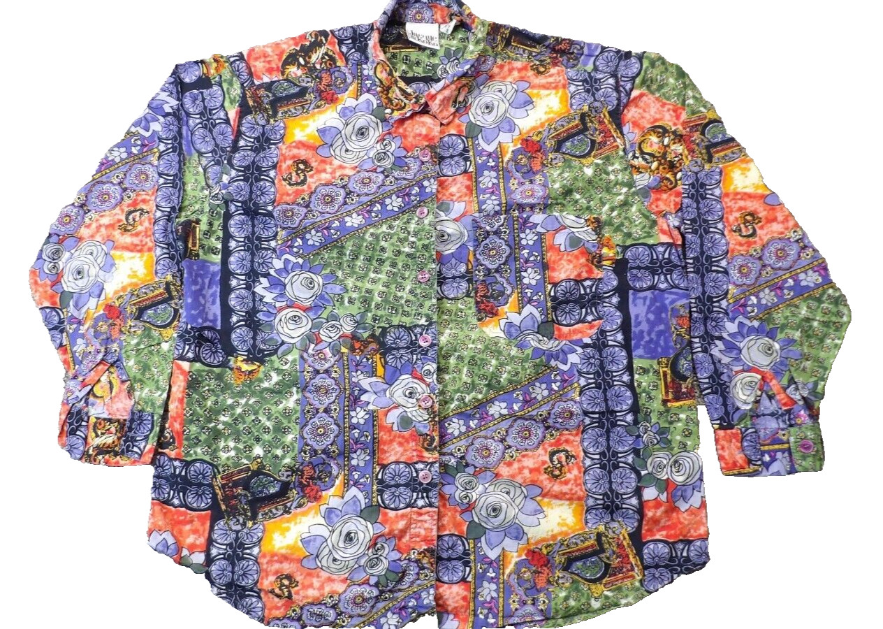 Jacque and Koko Vintage 80s -90s Floral Top Blue Plus Size 18-20 Nepal Cotton