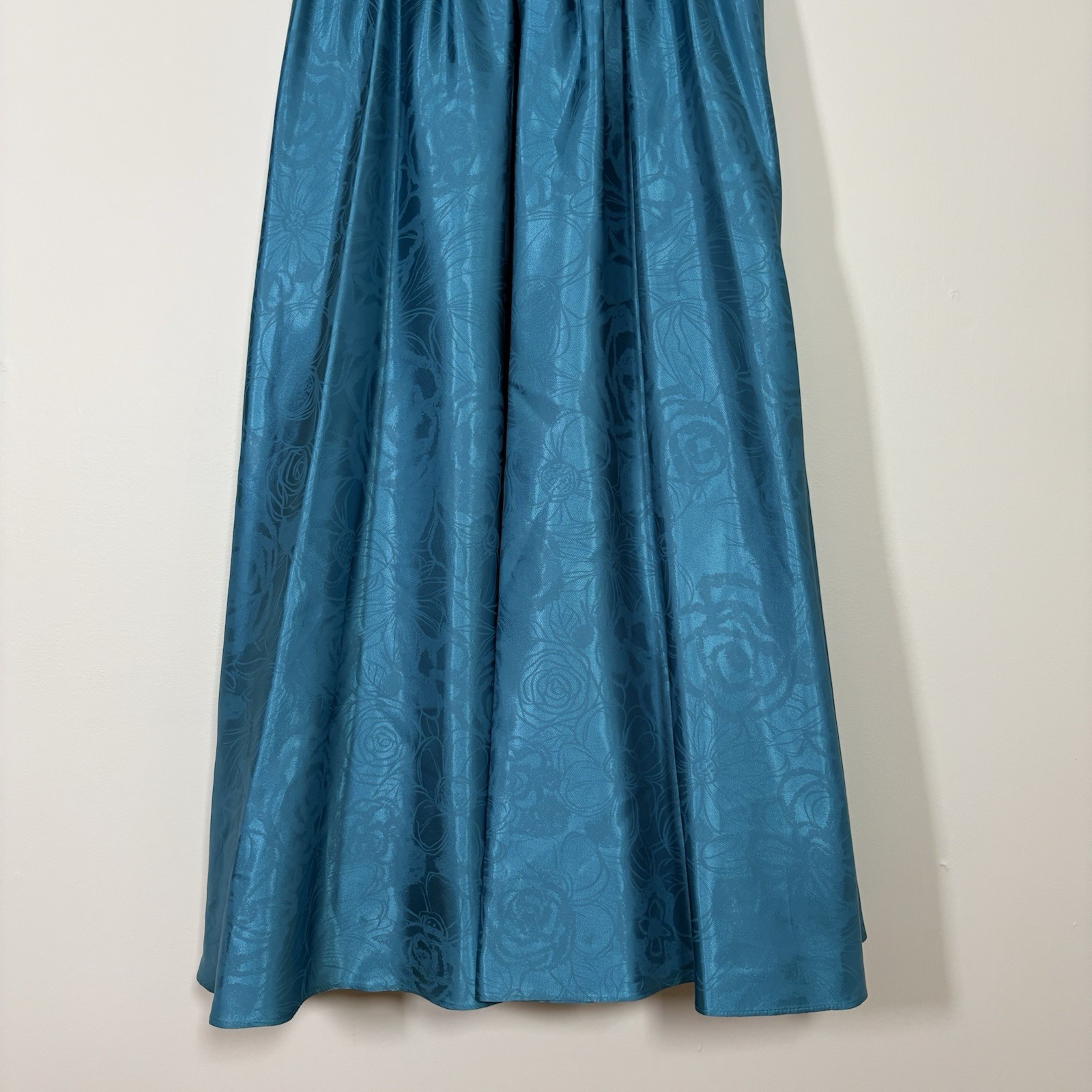 VTG 80s Studio E Teal Floral Brocade Prom Party Dress Strapless Ruched Maxi L