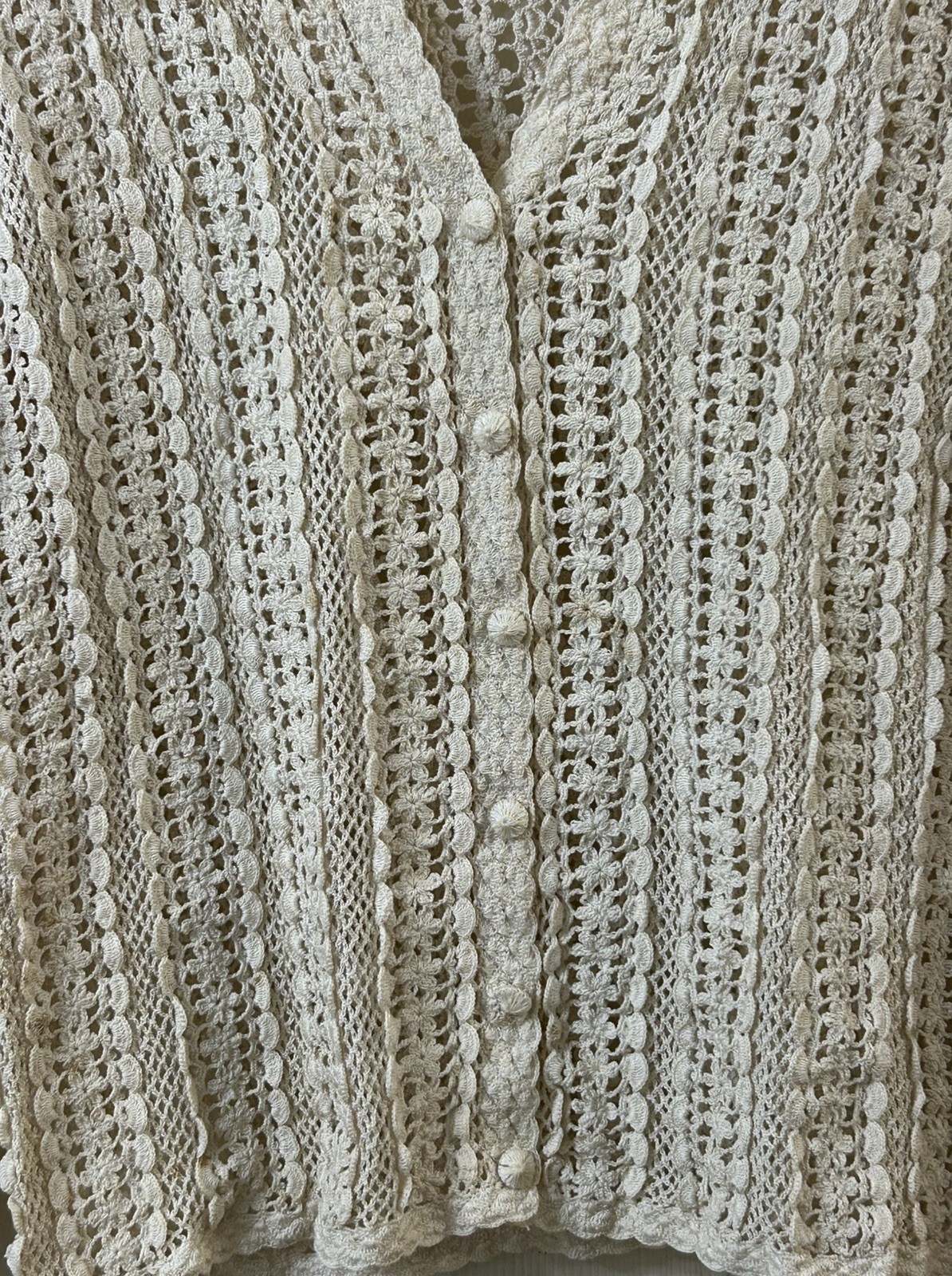 Vintage Shanghai Handmade Cotton Crocheted Cardigan Sweater Wmns LG Ecru *READ*