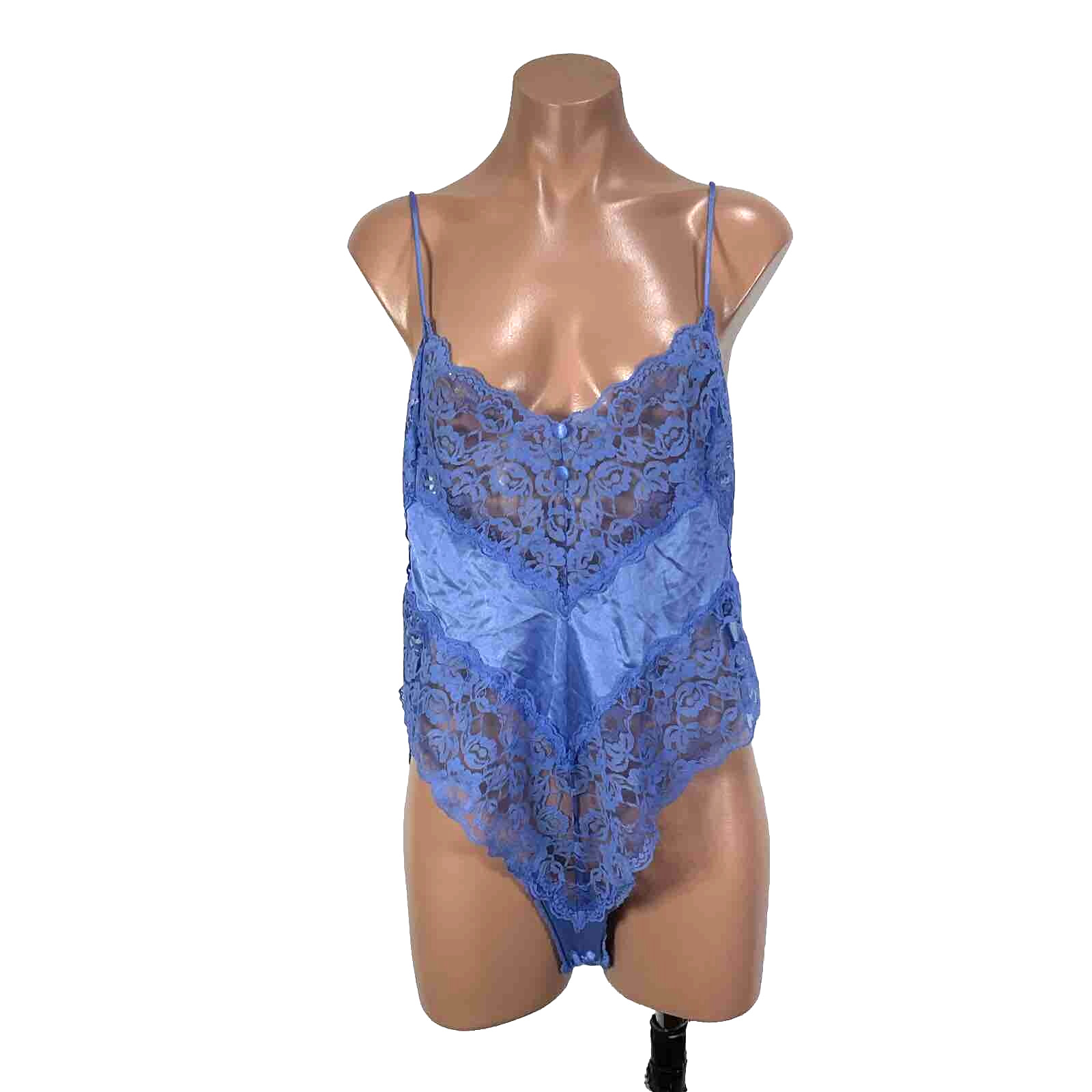 Vintage 80&rsquo;s Peek-a-boo Teddy Floral Sexy Lace Vassarette Perriwinkle L USA MADE
