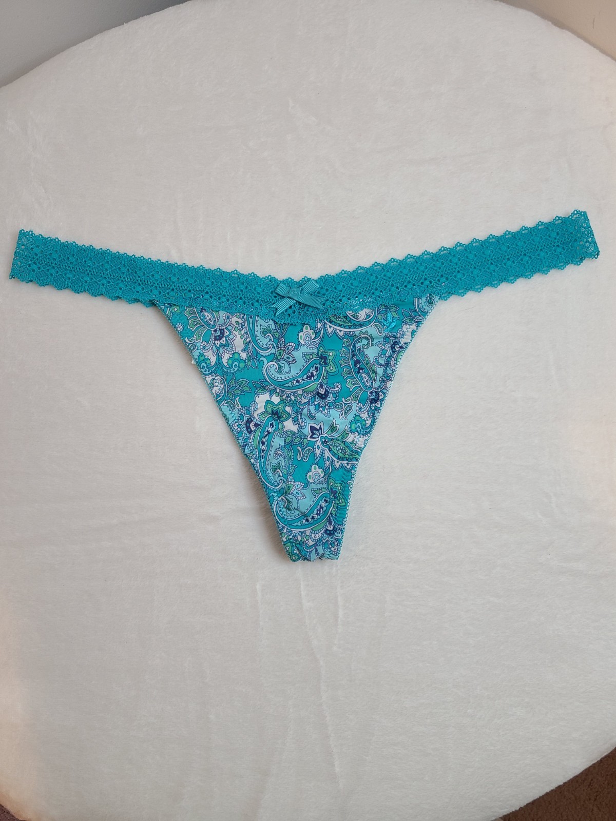 VTG Aerie Silky Smooth Micro Lace Trim Thong Panty Size Lg Blue Paisley