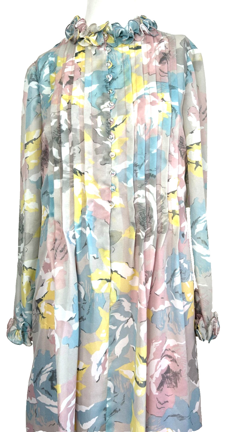 70s Floral Chiffon Hostess Dress Size Large Maxi ButtonUp Pleat Ruffle HighNeck