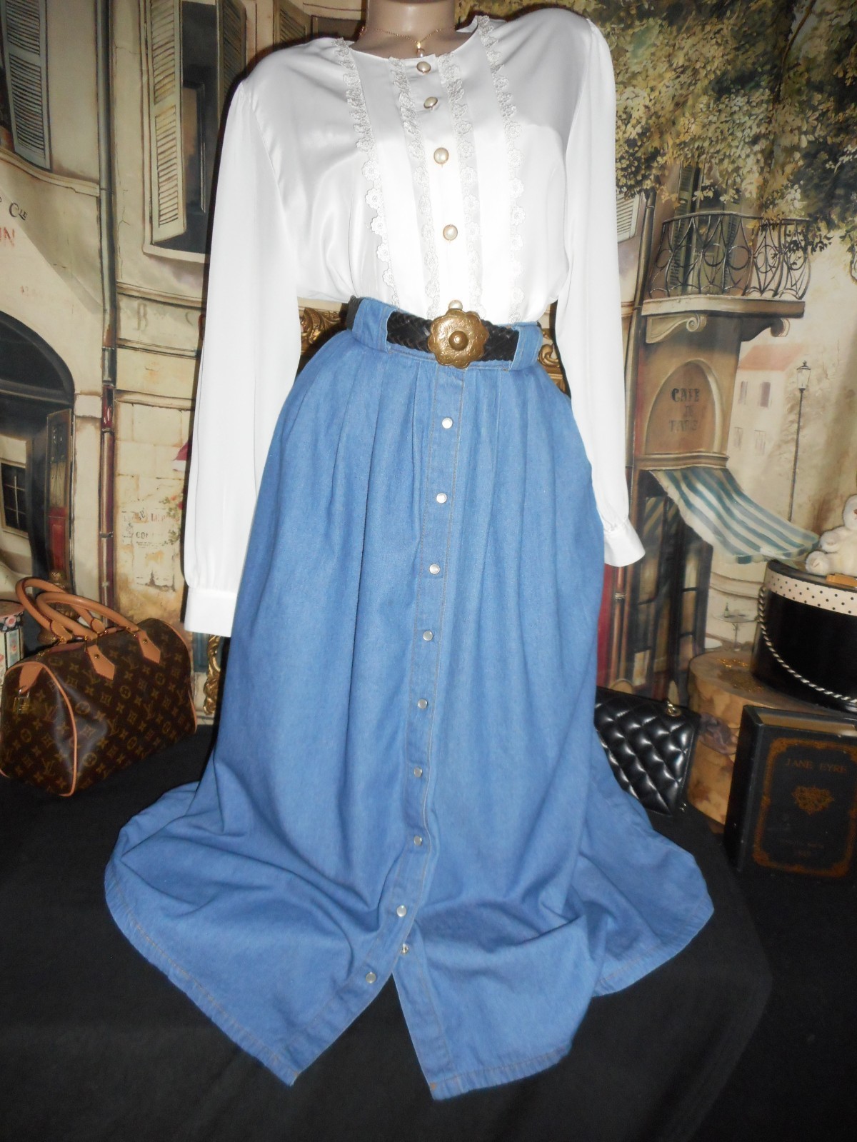 Sz 16 Vtg 1980&rsquo;s Denim Prairie Skirt Pearl Snap Buttons Pockets Gitano & Belt
