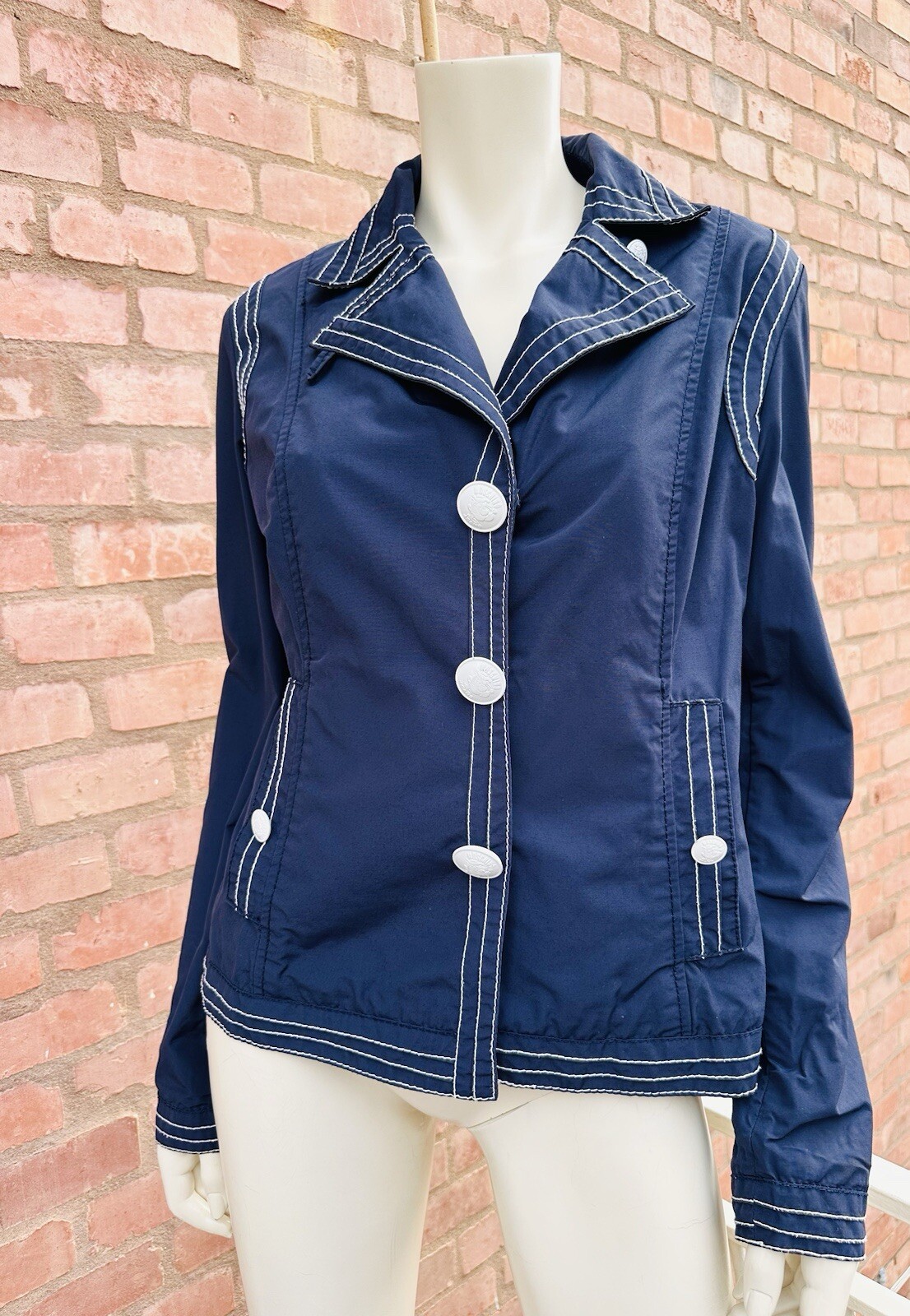 MOSCHINO Blazer Jacket Short Navy Blue White Popeye Buttons Cartoon Size IT 46 L