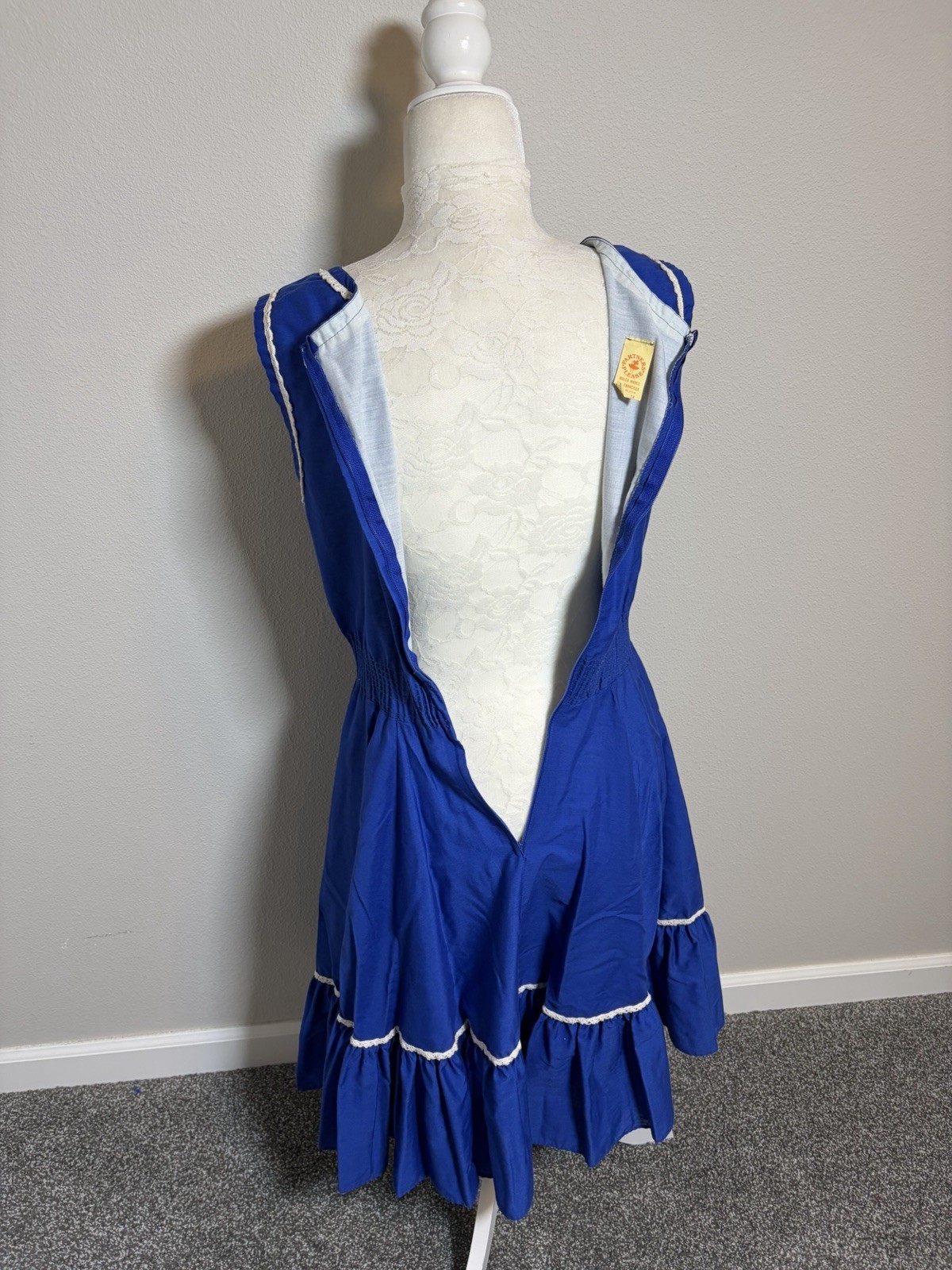 Vtg. 70&rsquo;s Partner Please Square Dancing Dress~14~Blue Lace up Bodice Rockabilly