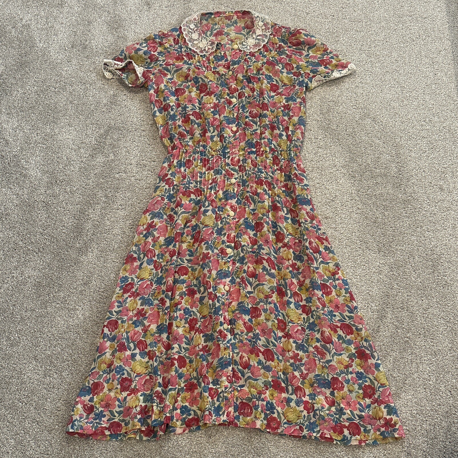 Vintage Shirt Dress Floral Lace Collar Sleeves Button Front See Description