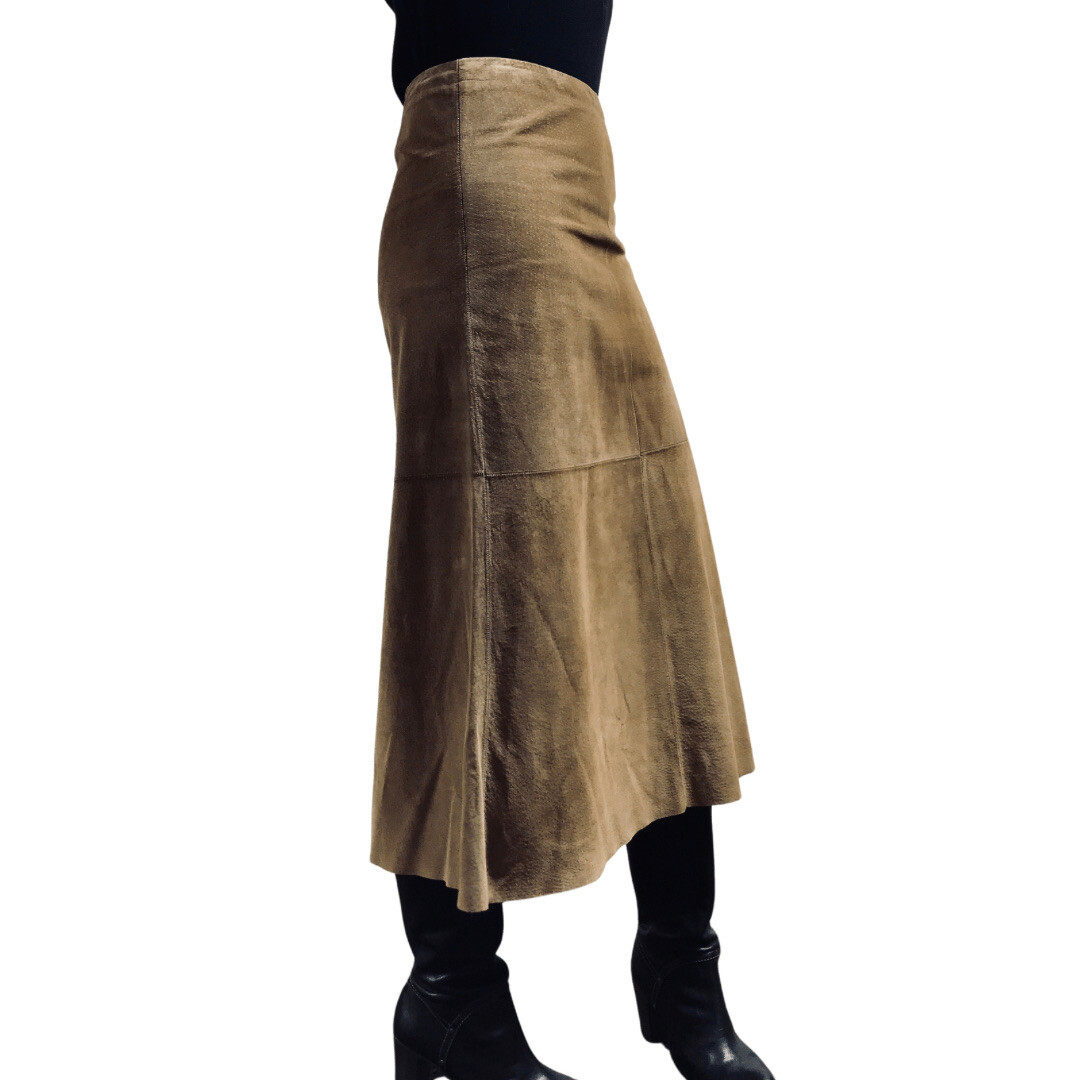 Rozae Nichols Brown Suede A Line Patchwork Midi Skirt Raw Hem 90’s Vintage M