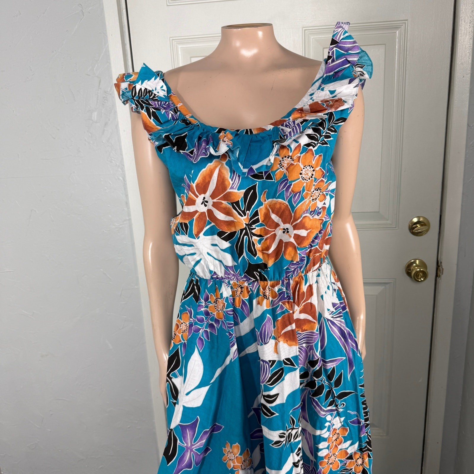 Vintage 70s Simon Sez Women&rsquo;s Dress Cotton Hawaiian Floral 11/12 USA P2