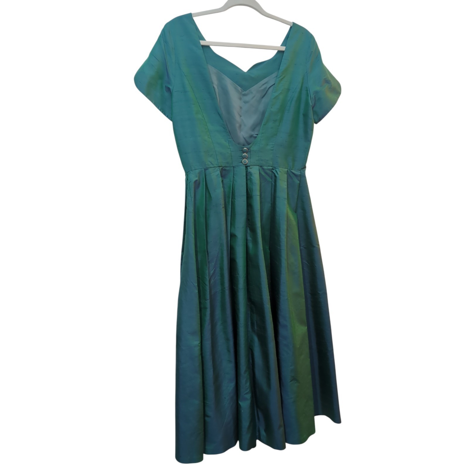 VINTAGE LAURA ASHLEY 100% SILK DUPIONI Iridescent Peacock Fit &Flare Dress US 12