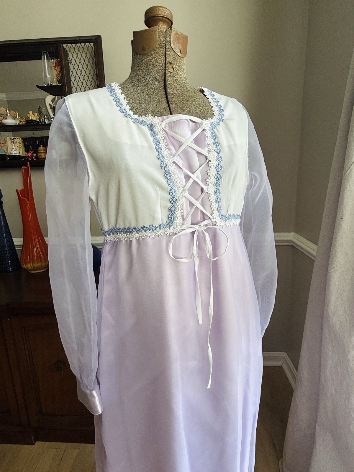 Vtg 70s Prairie Cottage Core Lavender Atlas Satin And Chiffon Maxi Dress S/M