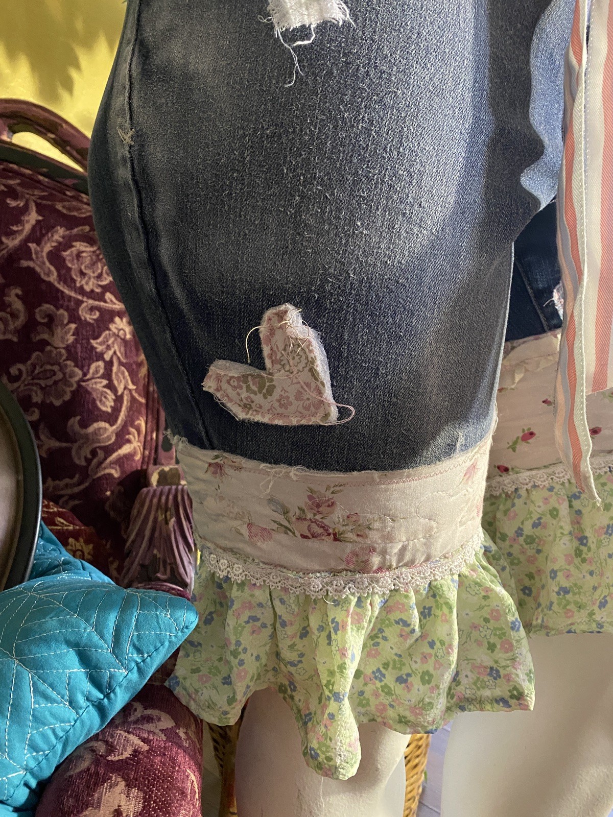 REWORKED PATCH PATCHWORK LONG RUFFLE BOHO JEANS SHORTS KNICKERS PANTALOONS L