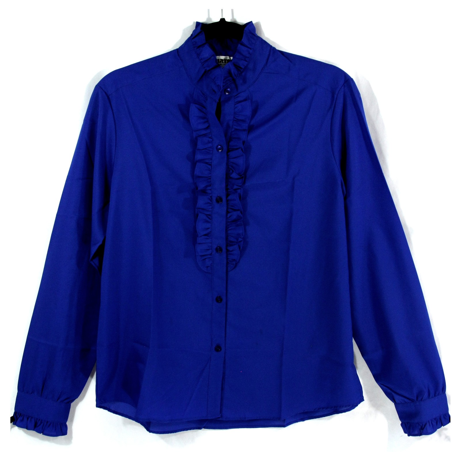 Vintage Shirt Stop Blue High Neck Ruffle Collar Secretary Career Blouse M 1980s