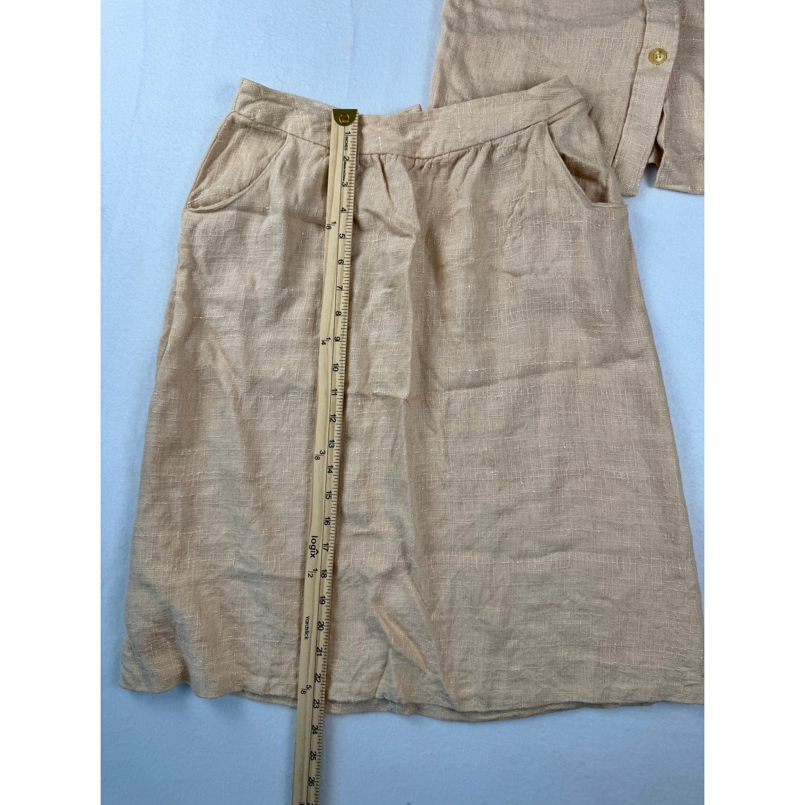 Vintage 70&rsquo;s Linen Blend Neutral Two Piece Skirt Set Tan Short Sleeve Top Midi