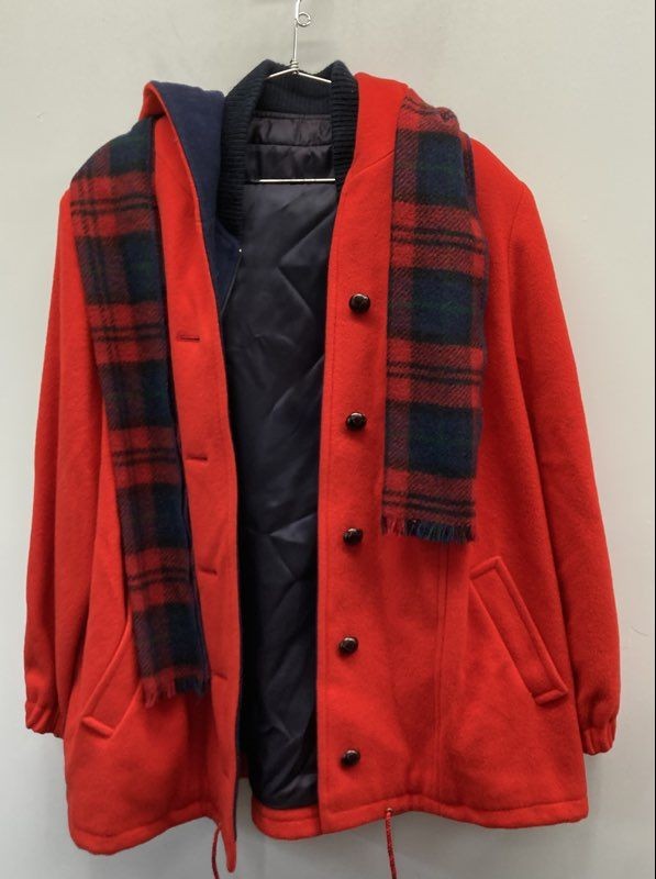 Vintage 80s Lady Penguin Women&rsquo;s Red Wool Hooded Coat Plaid Scarf USA Sz 20.5