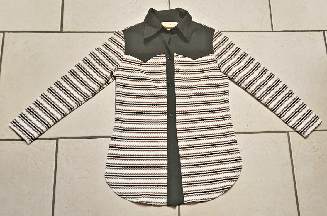 Western TONI TODD Button Blouse Shacket Jacket Ribbed Black Brown White Stripe M